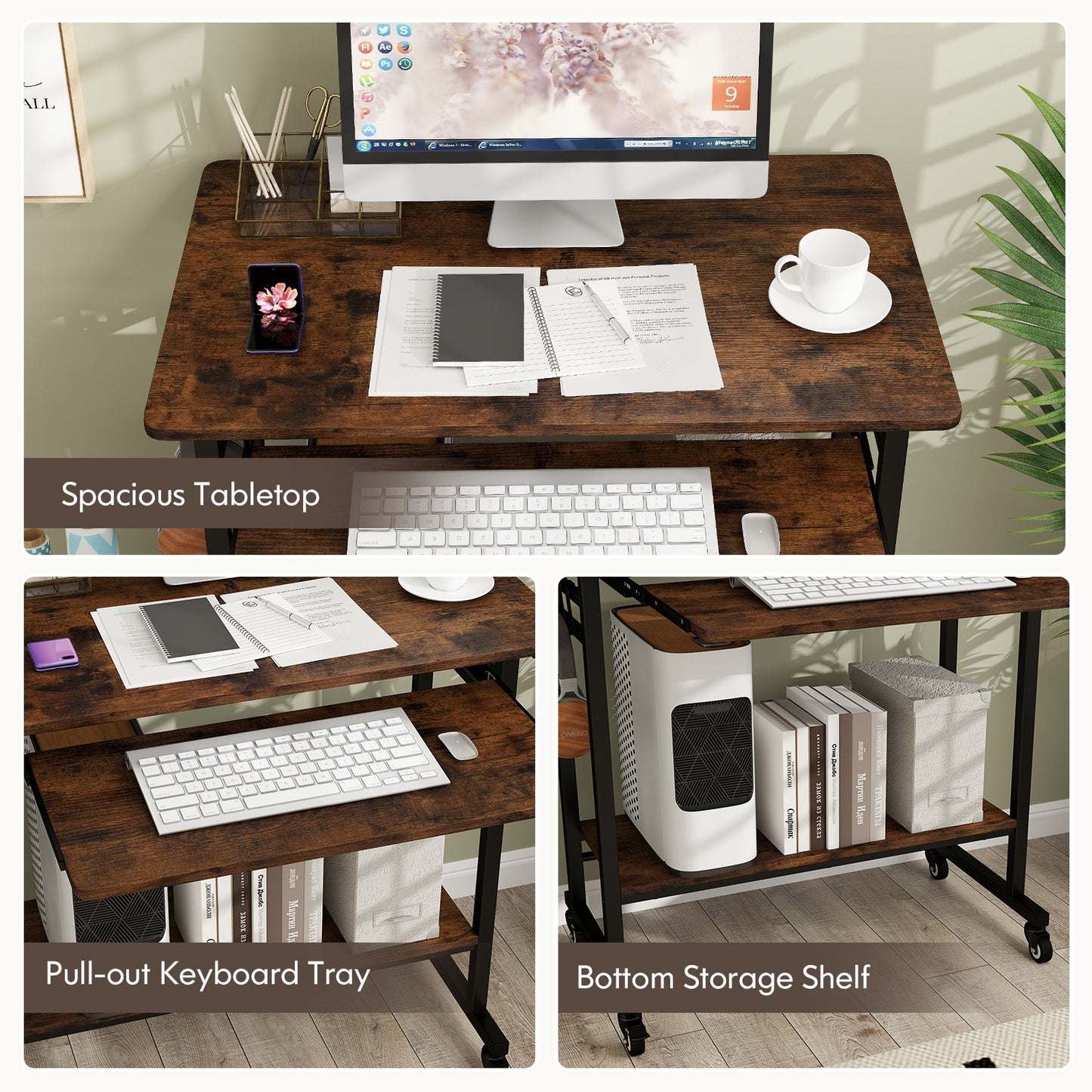 Mesa Portátil con Ruedas y Bandeja Extraíble para Teclado y Ganchos - Marrón Rústico