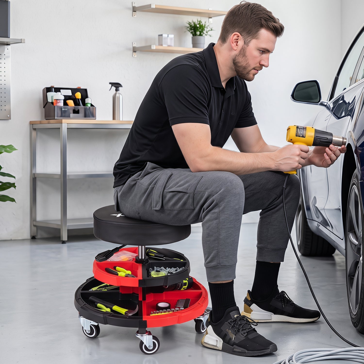 Rolling Mechanic Stool DirectDeals with adjustable height and tool trays, red base, black seat on Tampa Home & Garden Store