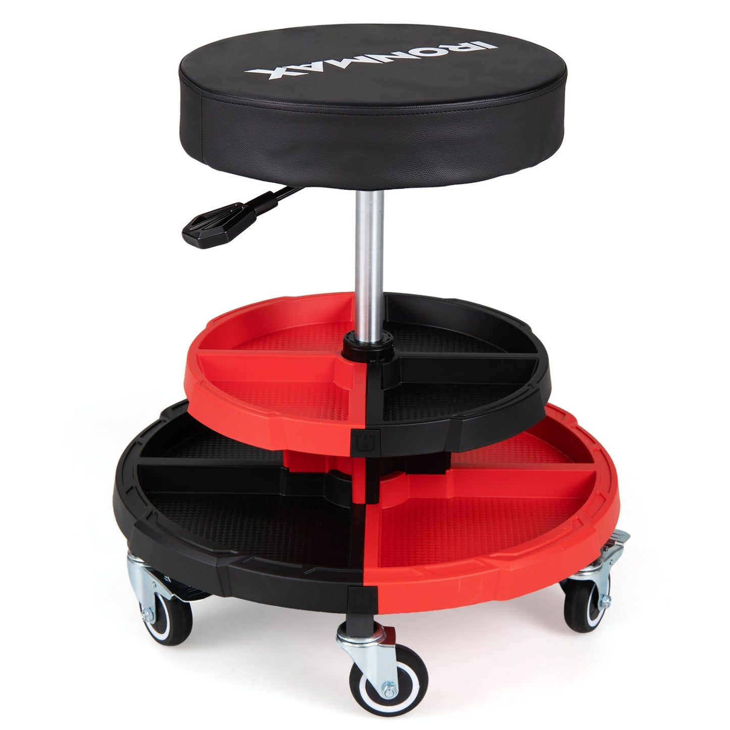 Rolling mechanic stool DirectDeals with adjustable height and tool trays on red and black base on Tampa Home & Garden Store