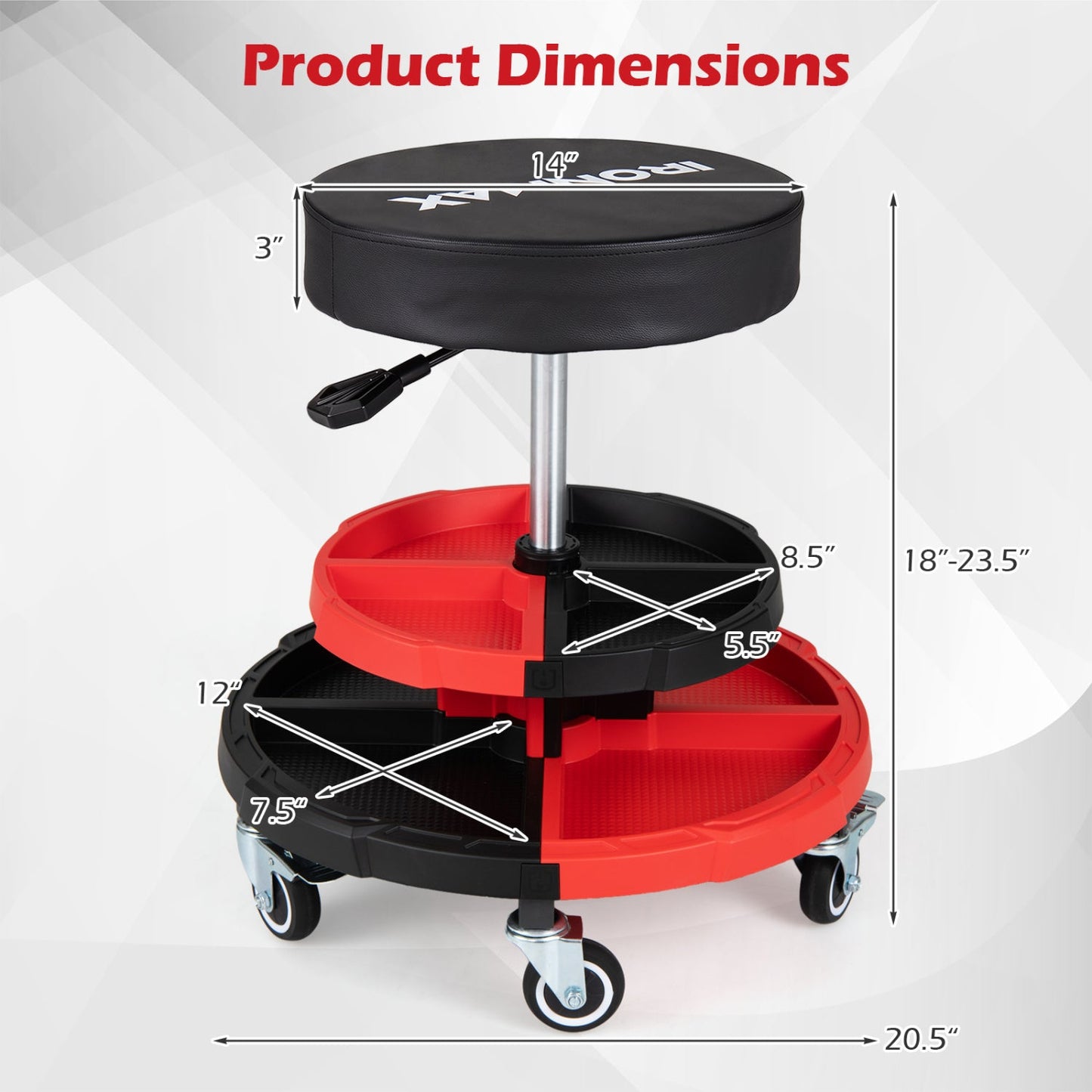 Rolling Mechanic Stool DirectDeals, adjustable height, black 14-in seat, red tray base, wheels on Tampa Home & Garden Store
