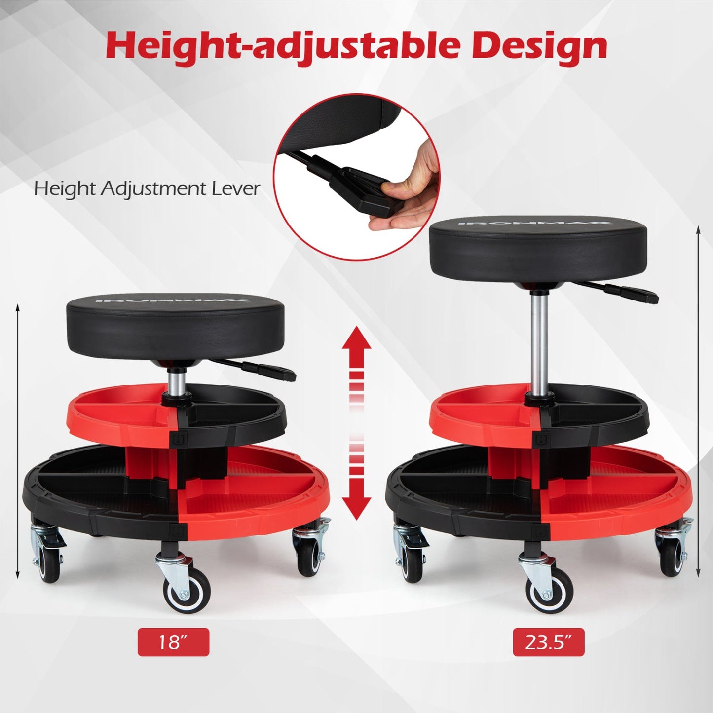 Rolling mechanic stool DirectDeals with height-adjust lever, black seat and red tool tray on Tampa Home & Garden Store