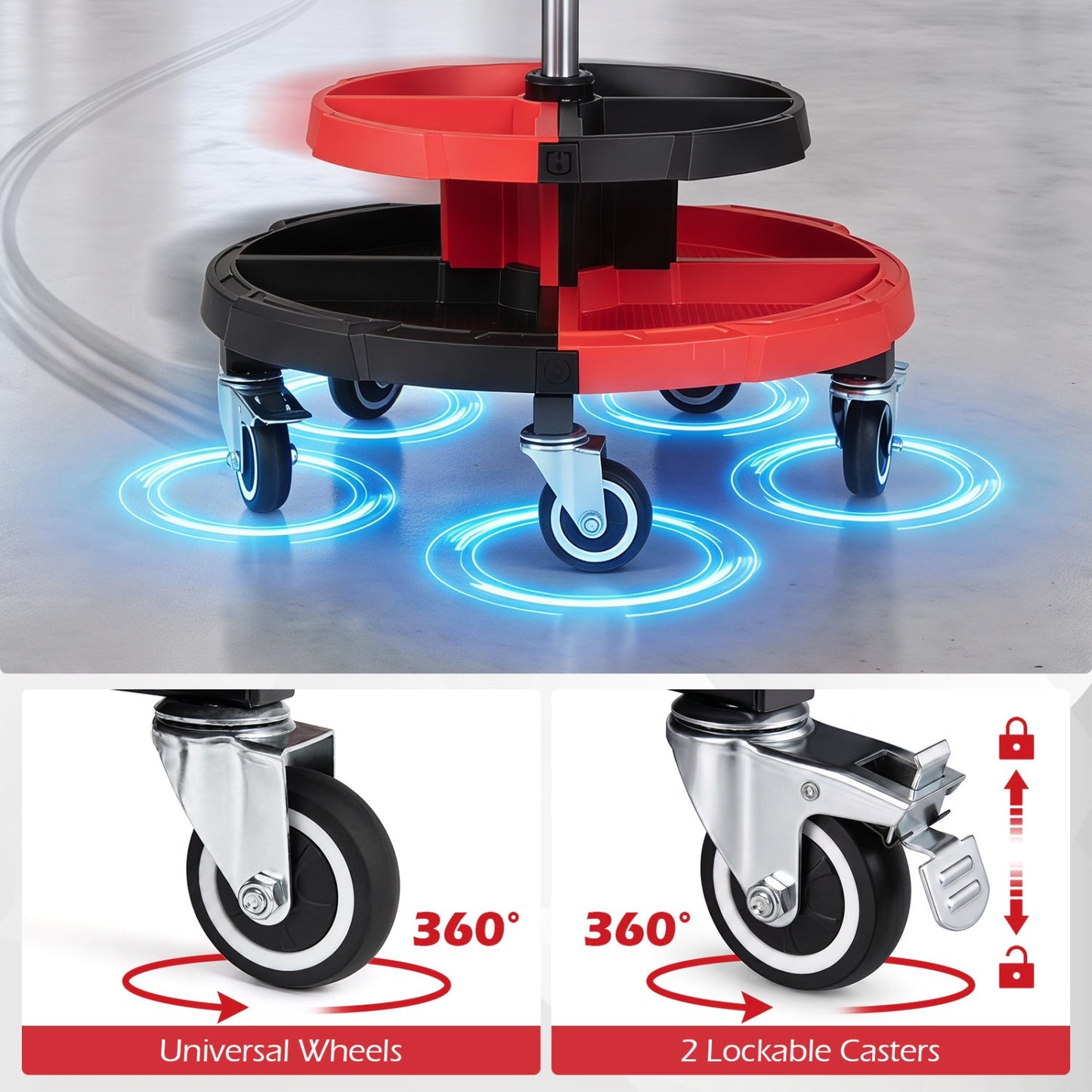 Rolling mechanic stool DirectDeals with adjustable height and red black circular tool trays on Tampa Home & Garden Store