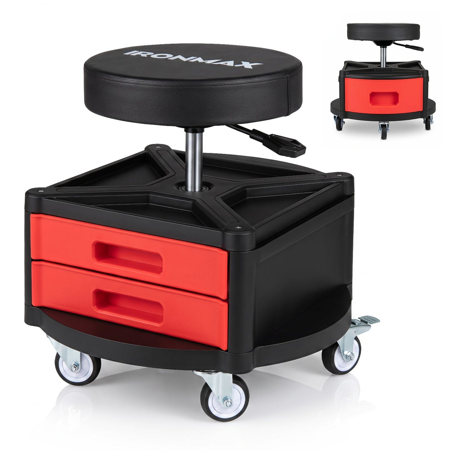 Rolling Mechanic Stool with cushioned black seat, red tool trays, 330 lb capacity on Tampa Home & Garden Store