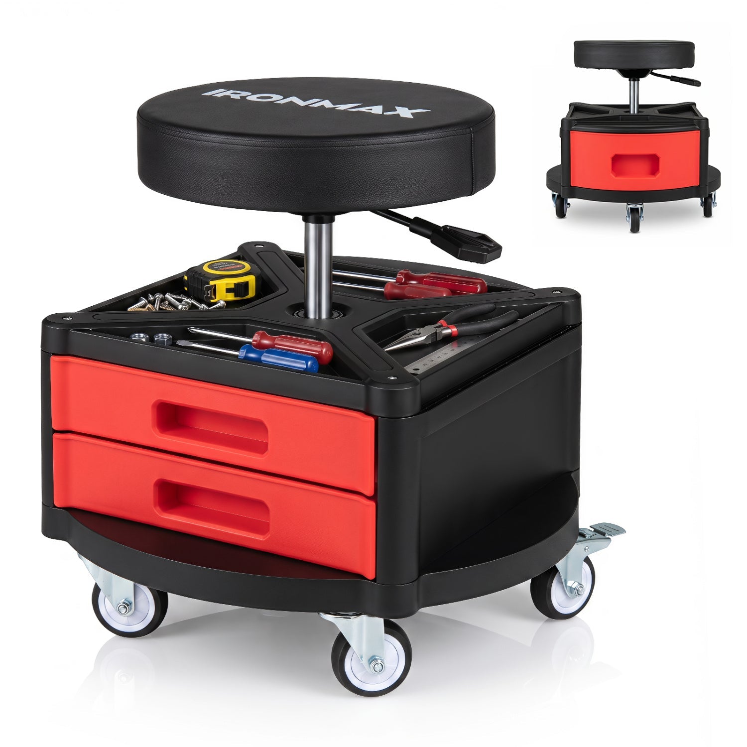 Rolling mechanic stool with cushioned seat and tool trays atop a red toolbox with casters on Tampa Home & Garden Store