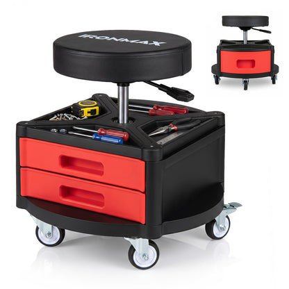 Rolling mechanic stool with cushioned seat and tool trays atop a red toolbox with casters on Tampa Home & Garden Store