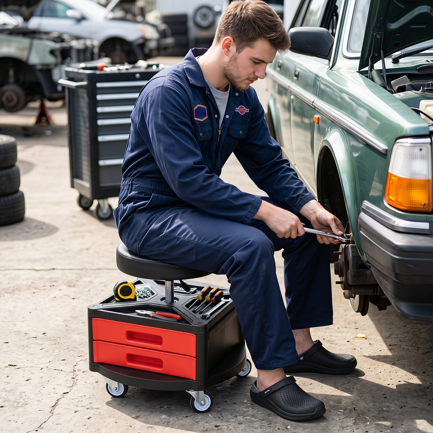 Rolling mechanic stool with cushioned black seat and tool trays on wheels, DirectDeals on Tampa Home & Garden Store