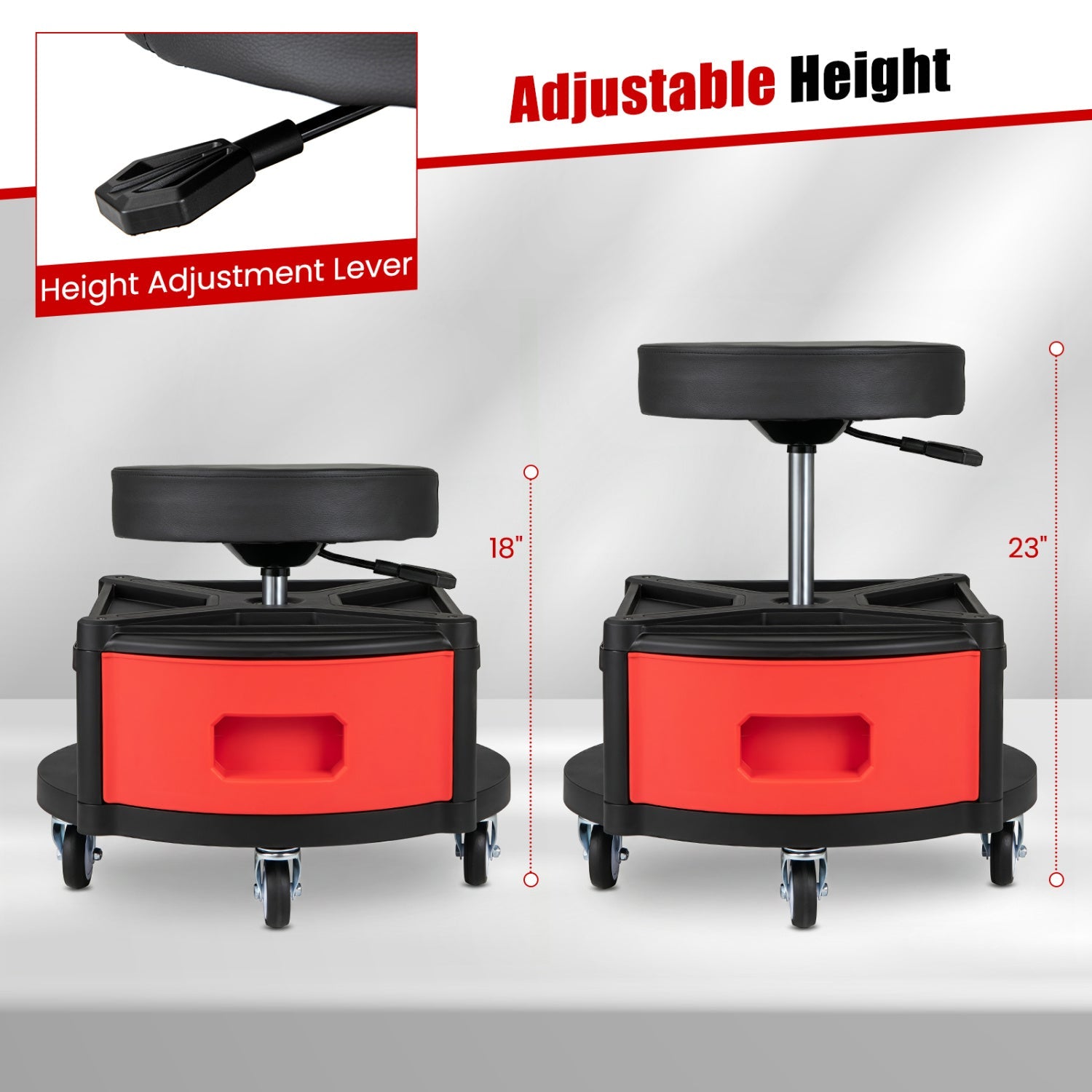Rolling Mechanic Stools with Cushioned Seats, DirectDeals, adjustable 18–23 in, red bases on Tampa Home & Garden Store