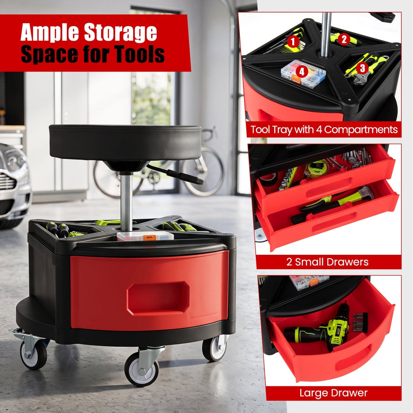 Rolling Mechanic Stool with Cushioned Seat, DirectDeals, red/black, 330 lb capacity, tool trays on Tampa Home & Garden Store