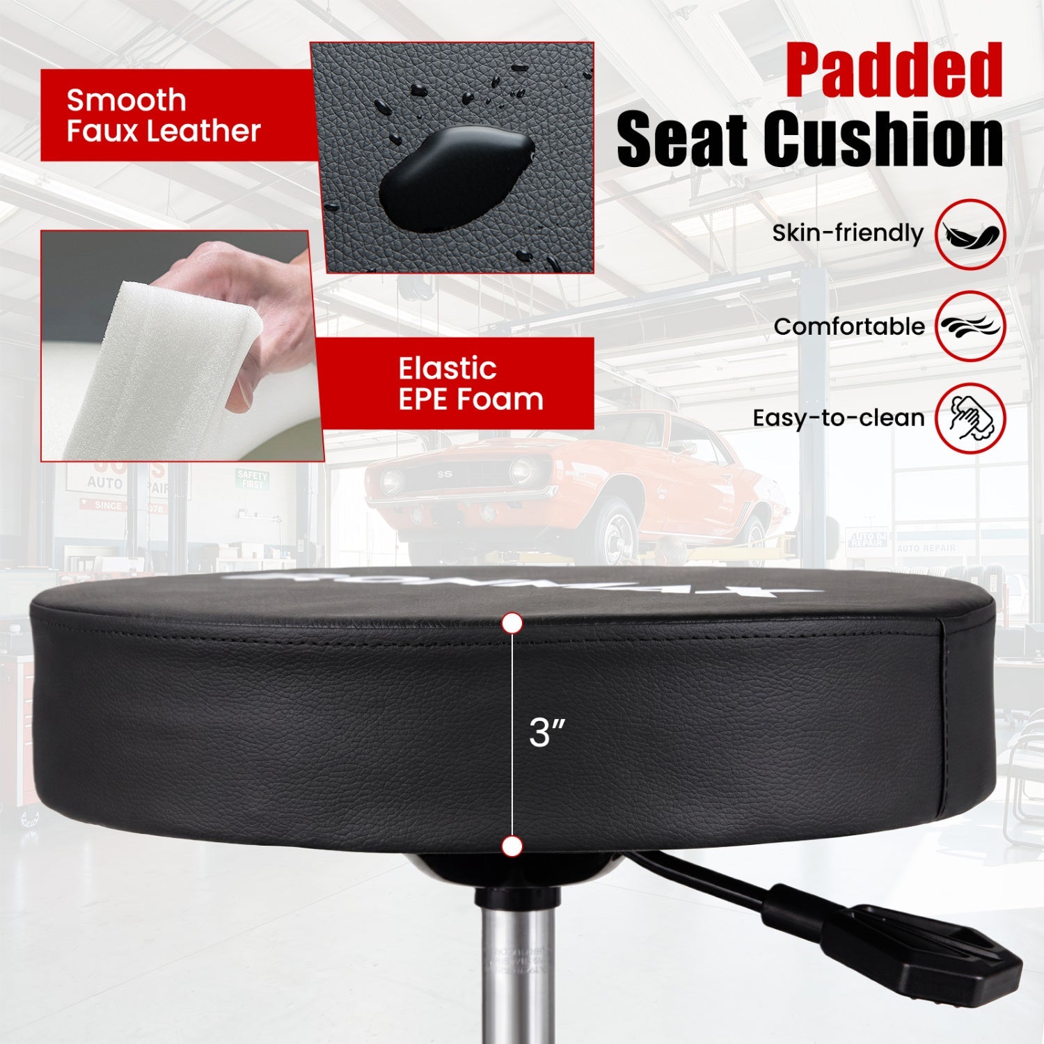 Rolling mechanic stool DirectDeals with cushioned black faux leather seat and tool trays on Tampa Home & Garden Store