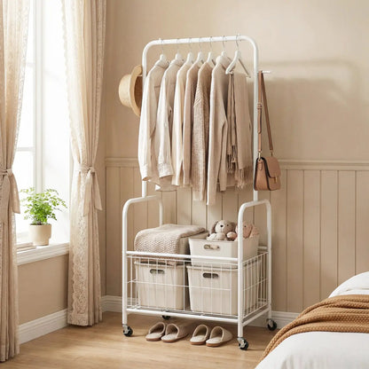 Rolling Metal Clothes Rack with Hanging Rod