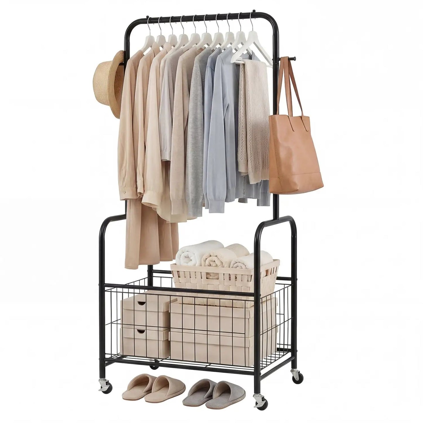 Rolling Metal Clothes Rack with Hanging Rod