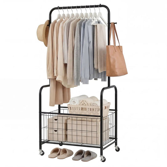 Rolling Metal Clothes Rack with Hanging Rod