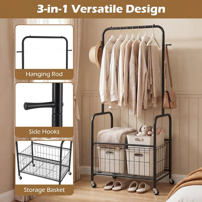 Rolling Metal Clothes Rack with Hanging Rod
