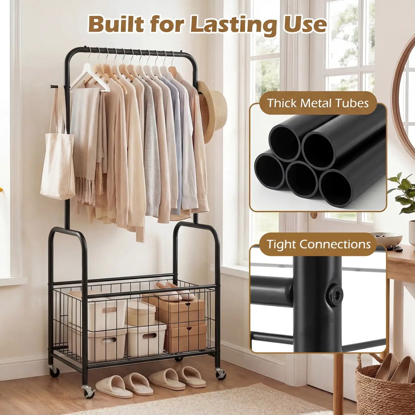 Rolling Metal Clothes Rack with Hanging Rod