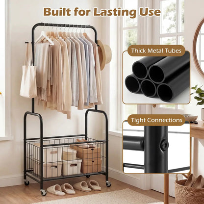 Rolling Metal Clothes Rack with Hanging Rod