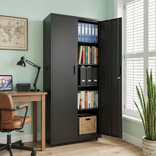 DirectDeals rolling metal file cabinet 73in, lockable with four wheels, black steel shelves on Tampa Home & Garden Store