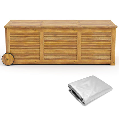 Rolling Patio Wooden Deck Box with 2 Wheels and Side Handle for Outdoor