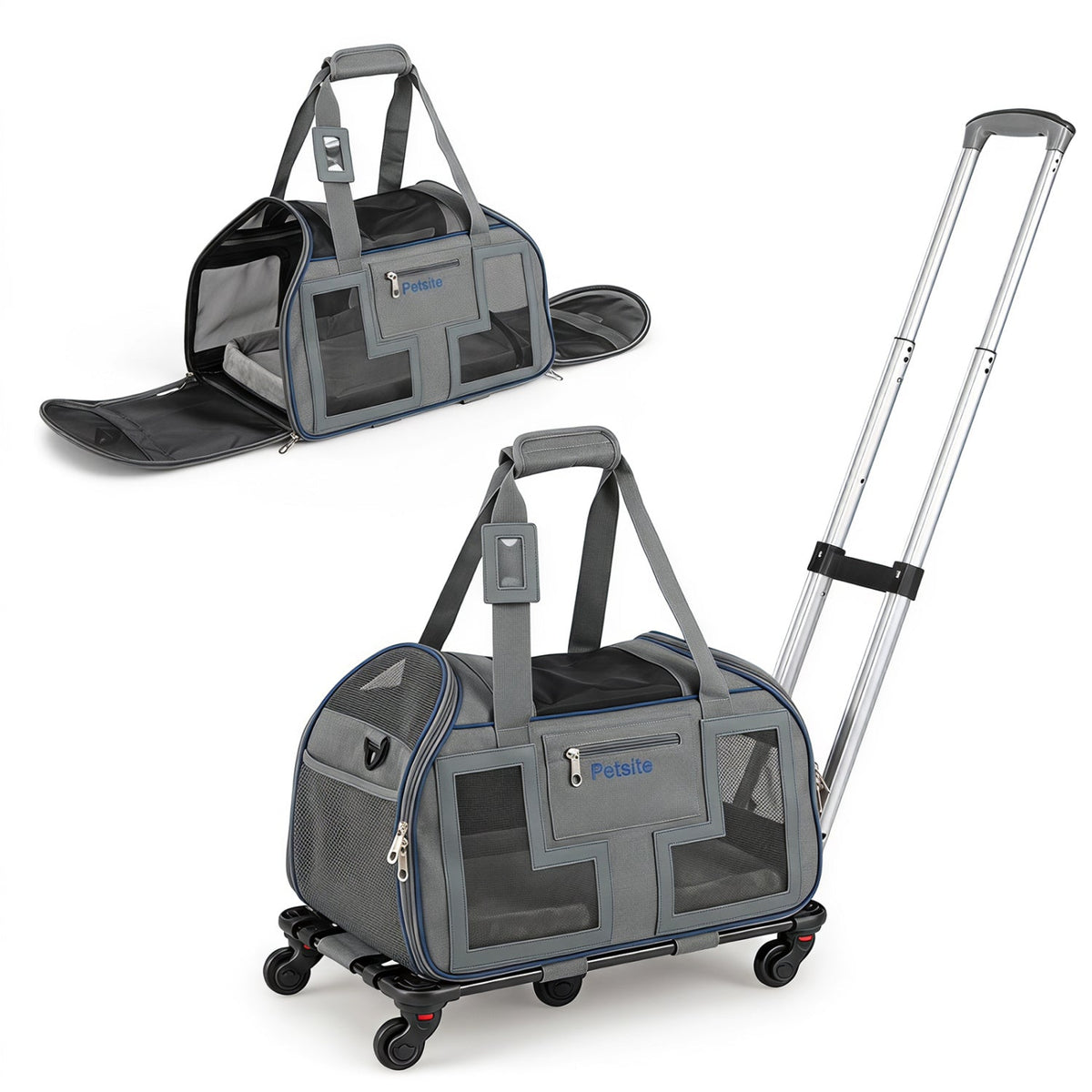 Rolling Pet Carrier in gray with wheels and telescoping handle, DirectDeals Petsite on Tampa Home & Garden Store