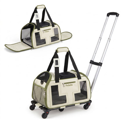 Rolling pet carrier with wheels and telescopic handle, beige olive mesh panels DirectDeals on Tampa Home & Garden Store