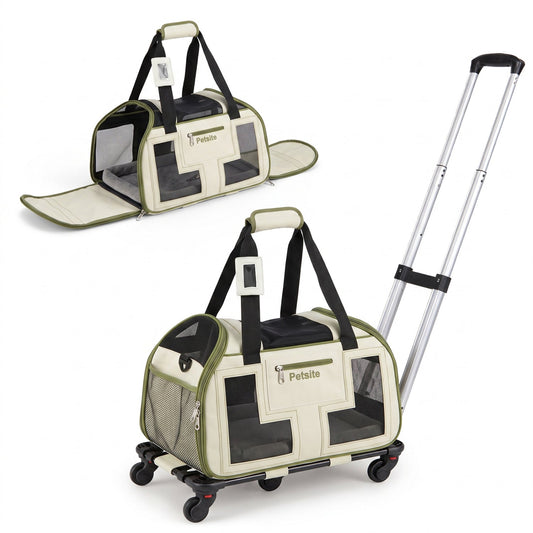 Rolling pet carrier with wheels and telescopic handle, beige olive mesh panels DirectDeals on Tampa Home & Garden Store