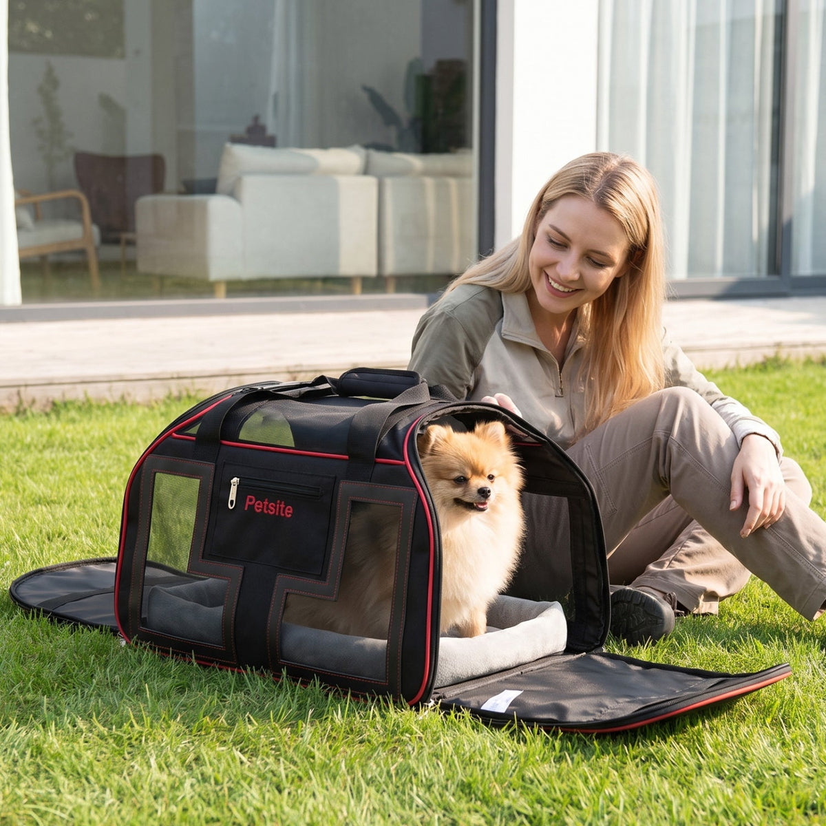 Rolling pet carrier with wheels & telescopic handle, Petsite, black with red trim, dog inside on Tampa Home & Garden Store