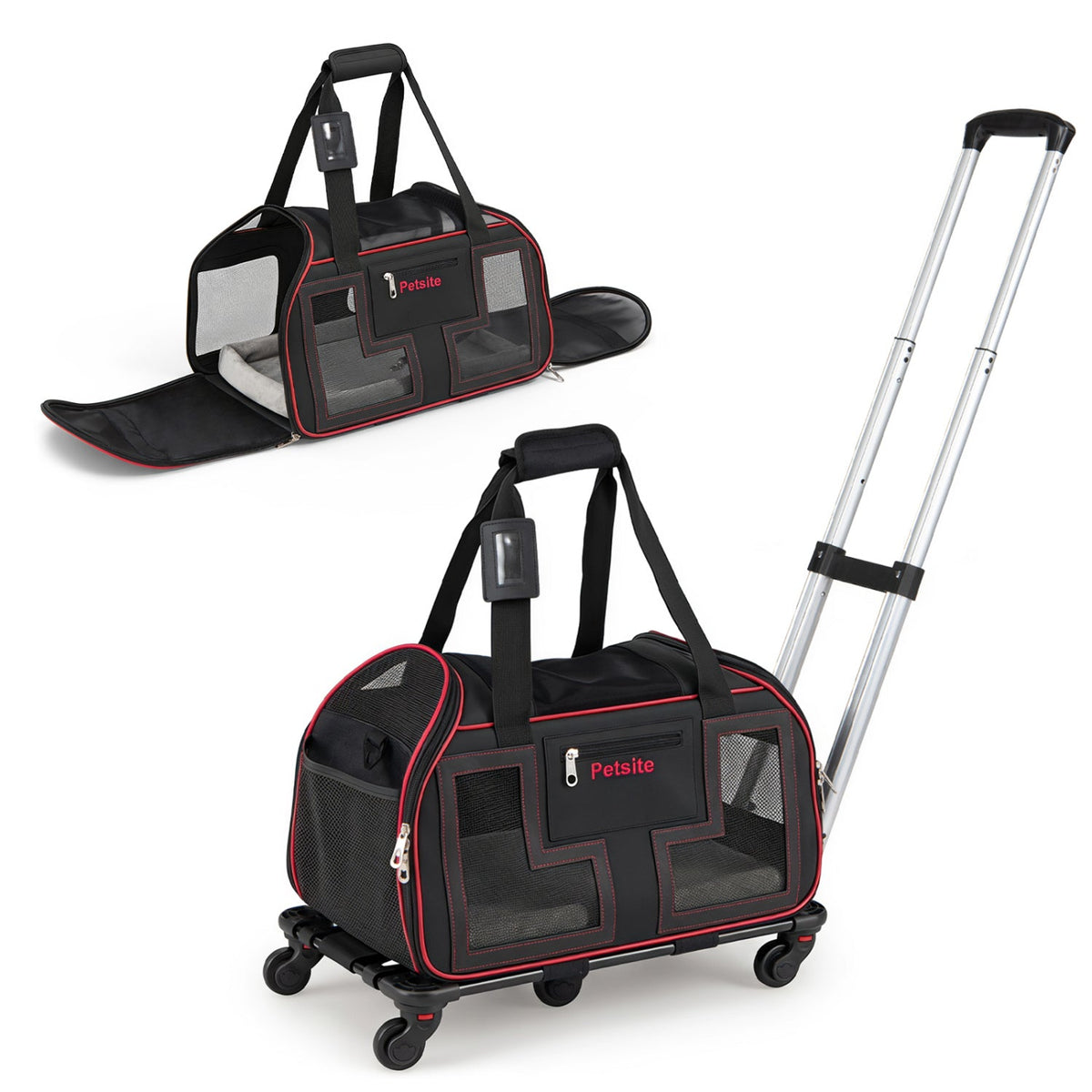 Rolling pet carrier with wheels and telescopic handle in black with red trim Petsite on Tampa Home & Garden Store