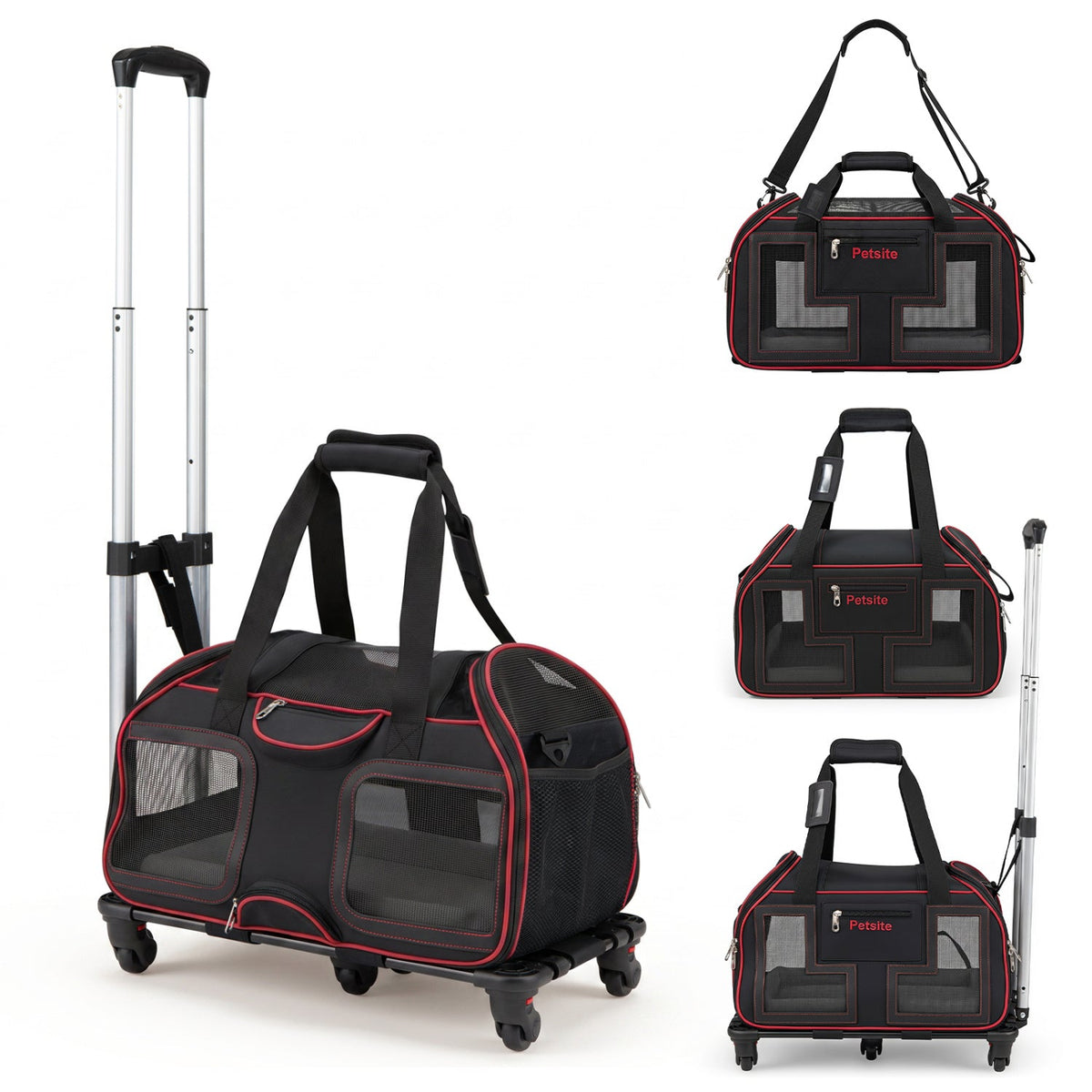 Rolling Pet Carrier with Wheels & Telescopic Handle, black with red trim, mesh panels, Petsite on Tampa Home & Garden Store