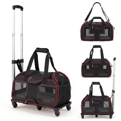 Rolling Pet Carrier with Wheels & Telescopic Handle, black with red trim, mesh panels, Petsite on Tampa Home & Garden Store