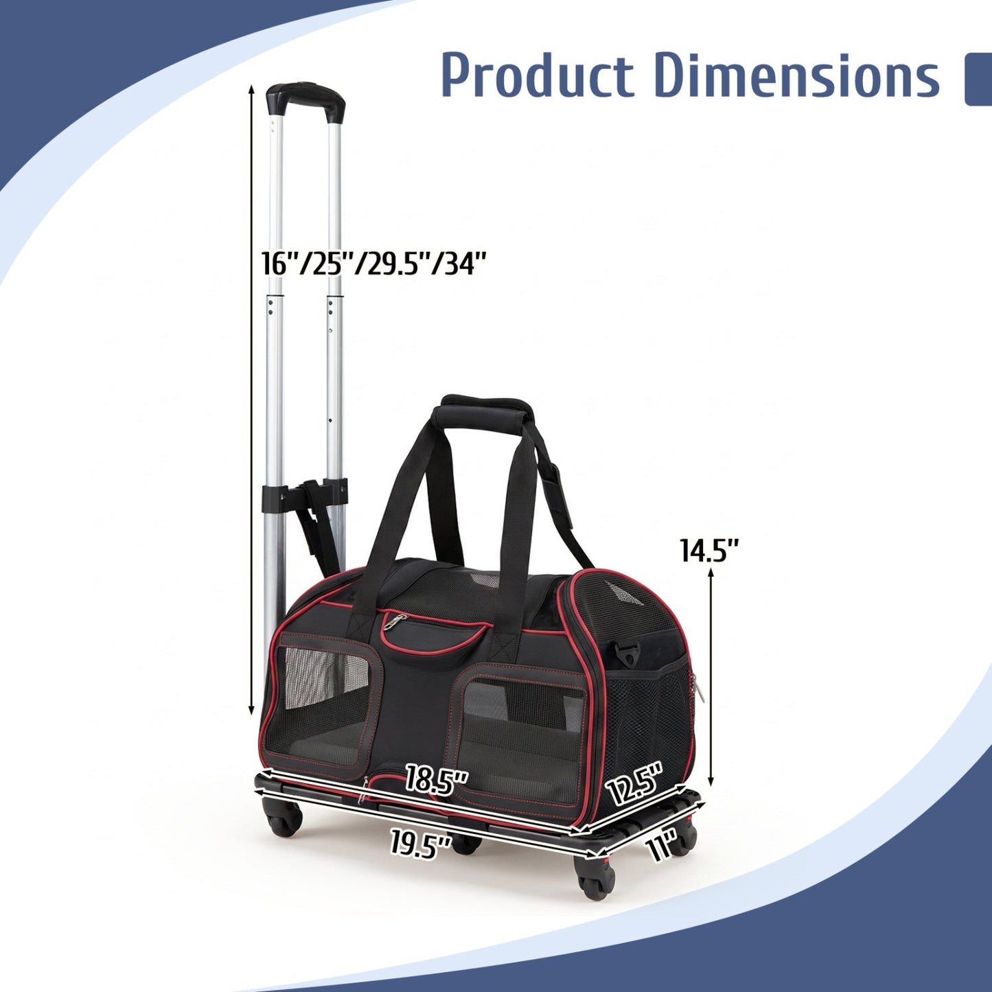 Rolling Pet Carrier with Wheels & Telescopic Handle by DirectDeals; black with trim, mesh panels on Tampa Home & Garden Store