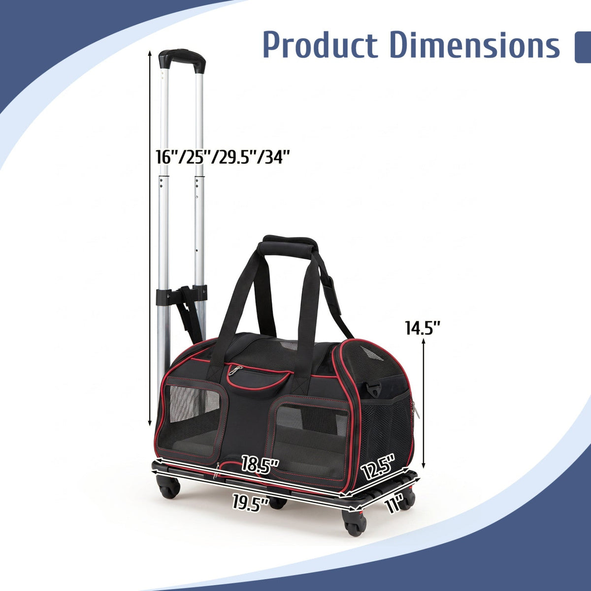 Rolling Pet Carrier with Wheels & Telescopic Handle by DirectDeals; black with trim, mesh panels on Tampa Home & Garden Store