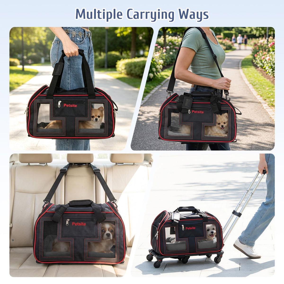 Rolling Pet Carrier with Wheels black red trim mesh windows on Tampa Home & Garden Store