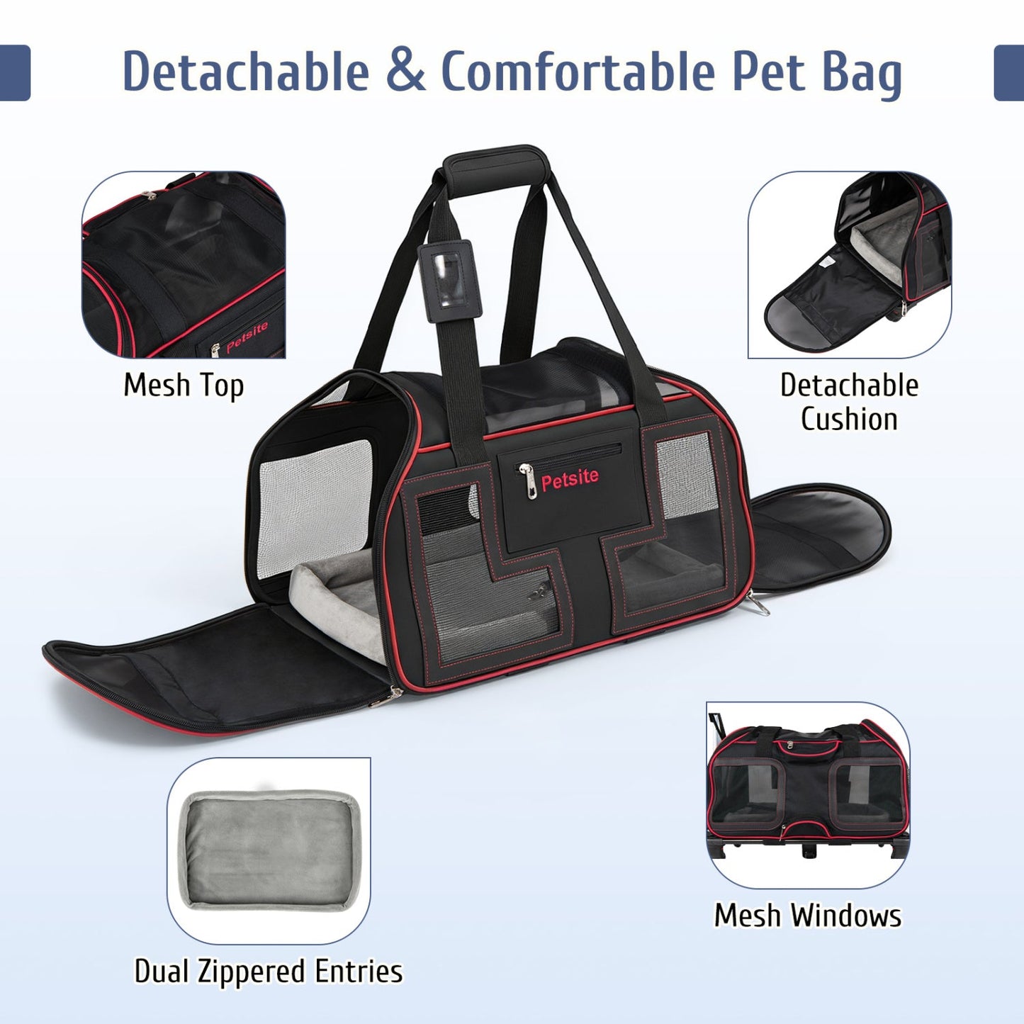 Rolling pet carrier with wheels and handle in black with red trim by DirectDeals, mesh top on Tampa Home & Garden Store
