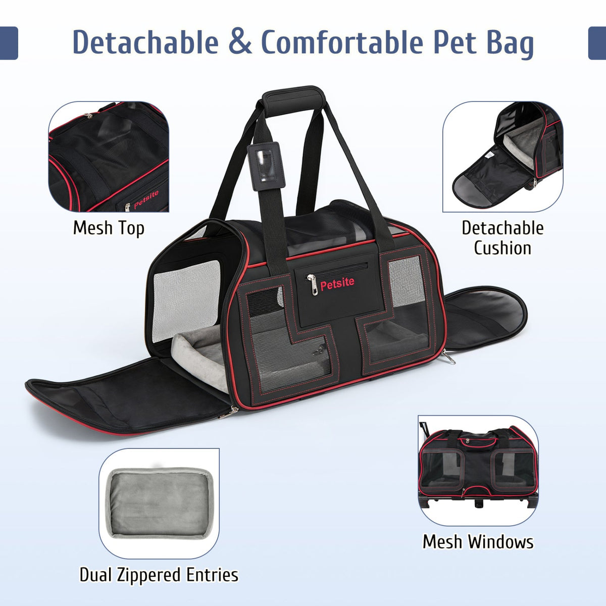 Rolling pet carrier with wheels and handle in black with red trim by DirectDeals, mesh top on Tampa Home & Garden Store