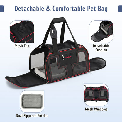 Rolling pet carrier with wheels and handle in black with red trim by DirectDeals, mesh top on Tampa Home & Garden Store