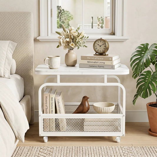Rolling side table with faux marble top, white metal frame and storage basket on Tampa Home & Garden Store