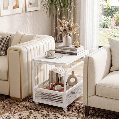 Rolling Side Table Faux Marble Top and Basket