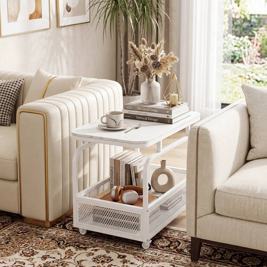 Rolling side table with faux marble top and mesh storage basket on wheels on Tampa Home & Garden Store