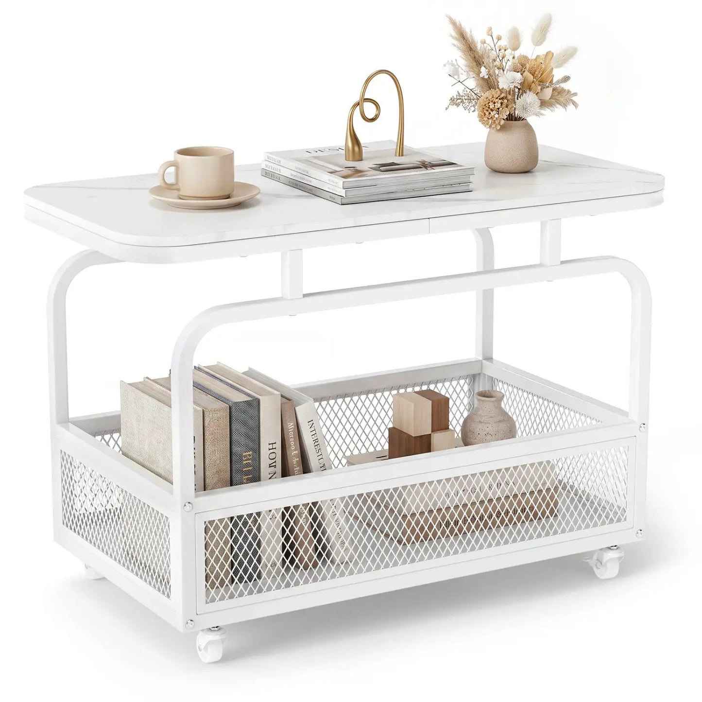 Rolling Side Table Faux Marble Top and Basket