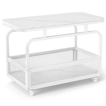 Rolling Side Table Faux Marble Top and Basket