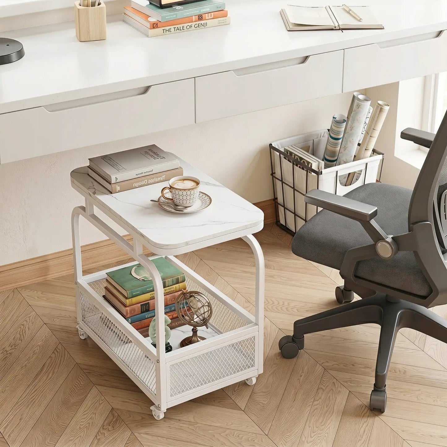 Rolling Side Table Faux Marble Top and Basket