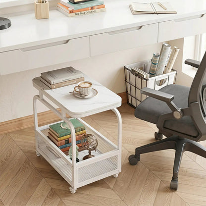 Rolling Side Table Faux Marble Top and Basket