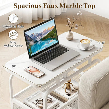 Rolling Side Table Faux Marble Top and Basket