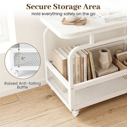 Rolling Side Table Faux Marble Top and Basket