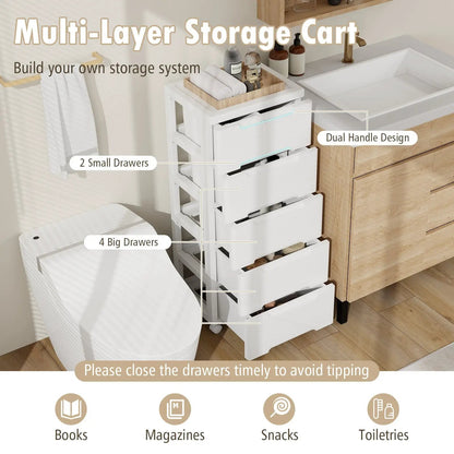 Rolling Storage Cabinet With 6 Drawers, White