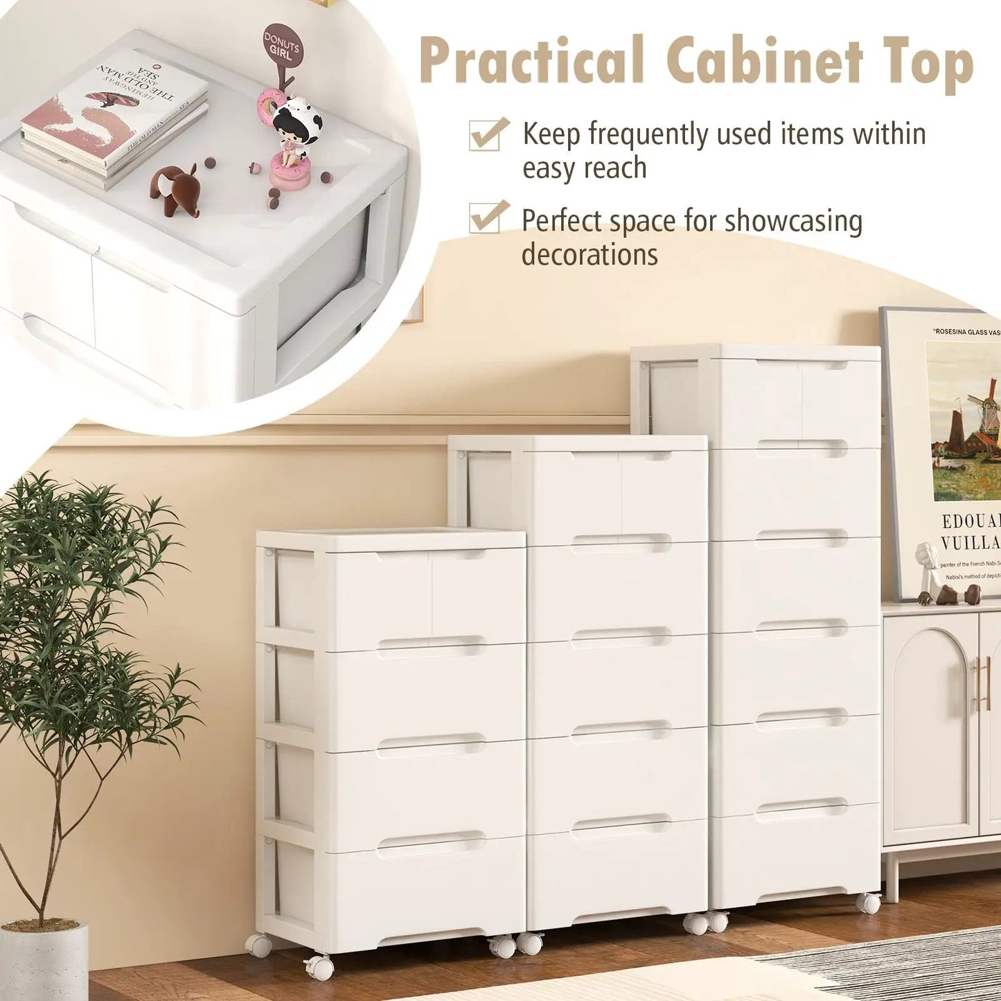 Rolling Storage Cabinet With 6 Drawers, White