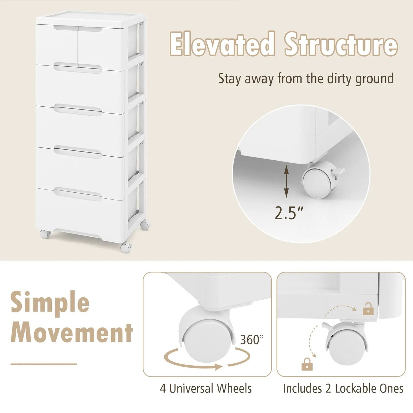 Rolling Storage Cabinet With 6 Drawers, White