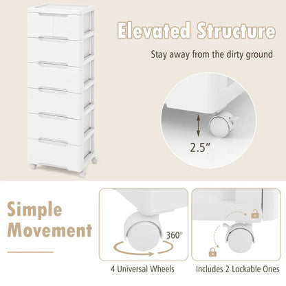 Rolling Storage Cabinet With 6 Drawers, White