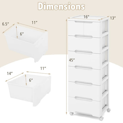 Rolling Storage Cabinet With 6 Drawers, White