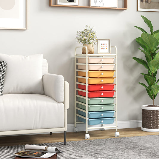 Carrito organizador de almacenamiento rodante de 10 cajones con 4 ruedas universales - Macarón multicolor