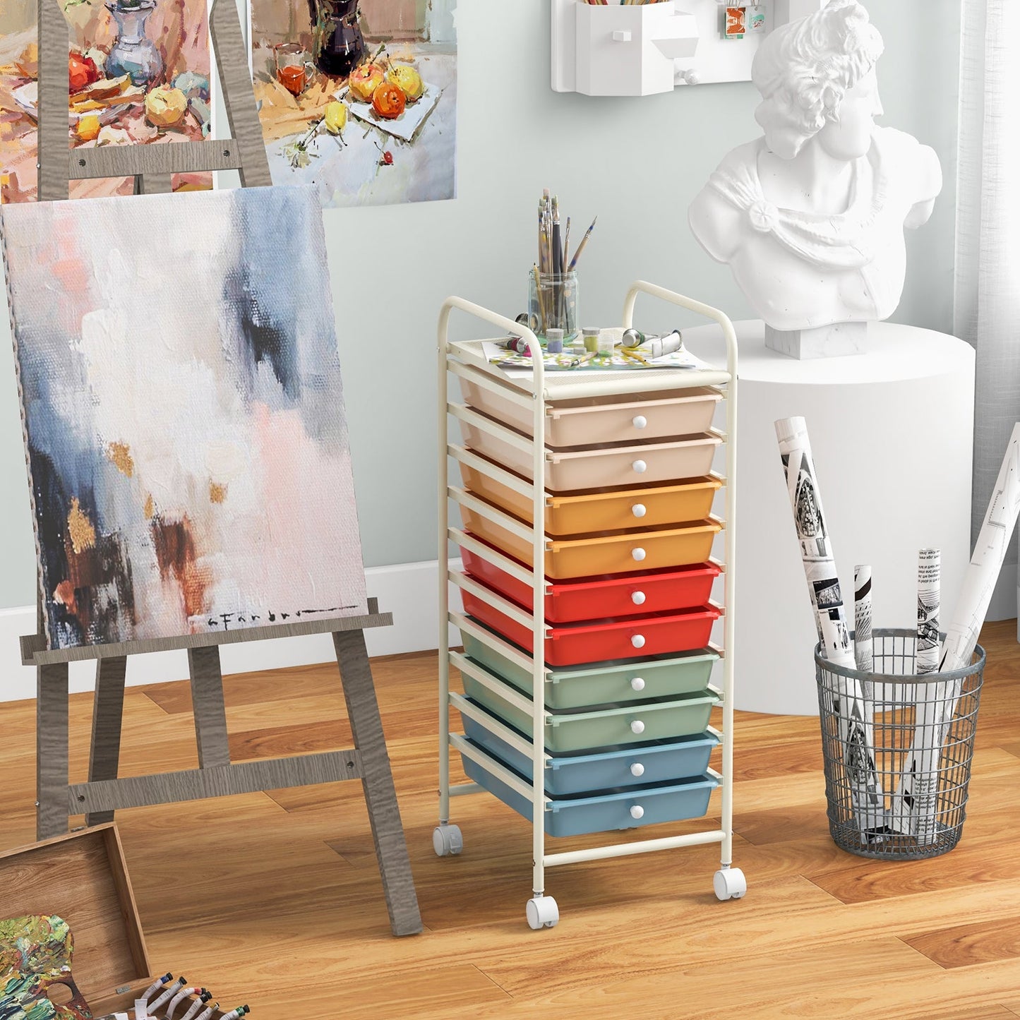 Carrito organizador de almacenamiento rodante de 10 cajones con 4 ruedas universales - Macarón multicolor